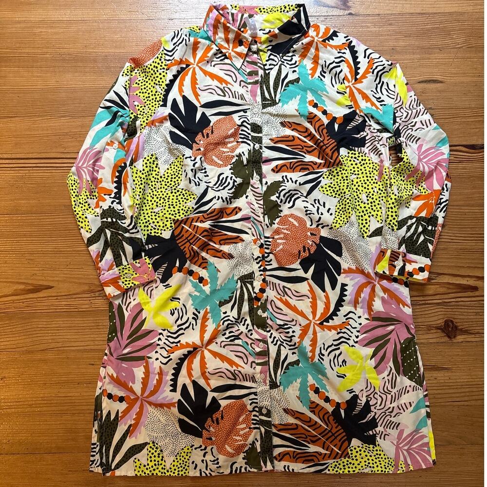 Truth NYC colorful tropical print button down‎ adjustable sleeve blouse SIZE 1X